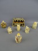 Indian bone decorated lidded box, four pseudo ivory figurines and two similar opium bottles