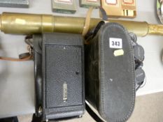 Pair of Charles Frank 10x50 binoculars in case, a small pair of field glasses, a vintage Kodak