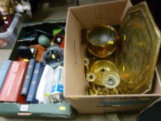 Box of brassware and a box of miscellaneous household