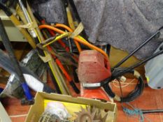 Mantis electric tiller, quantity of hand tools, bow saws, drain rods, sledgehammer etc E/T