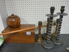 Parcel of treen ware including dog's head handled cane, twist candlesticks, workbox etc