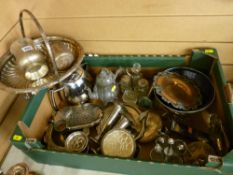 Box of EP and other metalware, a swing handled plated bread basket and two tankards