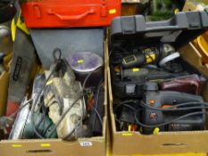 Two boxes of mainly electric power tools by Black & Decker, JCB, 710W angle grinder and red cased