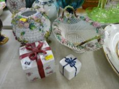 Floral encrusted Victorian globular vase, a reticulated basket with similar decoration and two