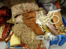 Parcel of scatter cushions and decorative fringe, tie backs Condition reports provided on request by