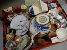 A crate of mixed china including collectors plates, vases ETC Condition reports provided on