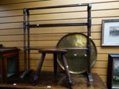 Oak three-legged milking stool together with three-tier towel rail and brass tray (3) Condition