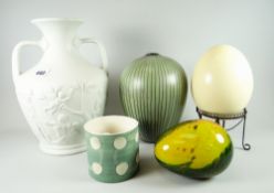 A Portmeirion Parian twin-handled classical-type vase, a studio pottery fruit form vase, an