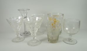 A parcel of glassware including air twist stem knopped ale glass, a tumbler with etched Chinese