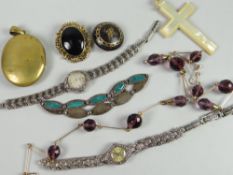 A parcel of jewellery including two vintage cocktail watches, a believed yellow gold and purple