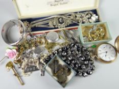 A red shoe box with jewellery contents including a gold plated keyless wind, Waltham hunter pocket