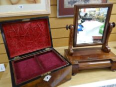 A burr walnut writing box in a shelf together with an inlaid mahogany toilet mirror Condition