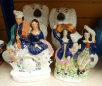 Two Staffordshire flat backs together with two large porcelain dogs Condition reports provided on