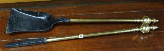 Cast metal and brass fire tools to include poker and shovel (2)
