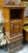 A vintage mahogany night cabinet and an oak coffer back-type chest with base drawer Condition