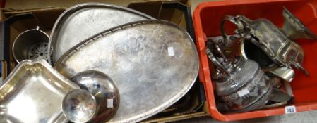 Two boxes of metalware including EPNS galleried trays, candlesticks entree dishes ETC Condition
