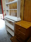 White painted shelving modern oak coffee table and pine bedside cabinet Condition reports provided