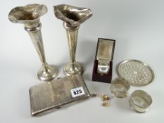 A parcel of mixed silver items including machine-turned duet cigarette case, pair of trumpet vases