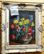 A M VENESS oil on canvas - still life of garden flowers in a Chinese decorated bowl, signed, 45 x