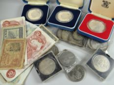 A parcel of cased commemorative coins, loose French Republic coinage and bank notes ETC Condition