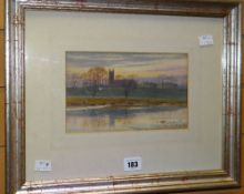 THOMAS BUSHBY watercolour - landscape with figures and church, signed and dated 1892, 14 x 22cms