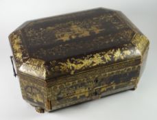 A Victorian Chinese export lacquer work box with metal carry handles decorated with gilt