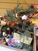A parcel of Christmas decorations, old marbles, vintage commemorative tin with contents ETC