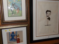 A Grim limited edition (98/300) print of Betty Boo, 69 x 49cms together with two framed cartoon