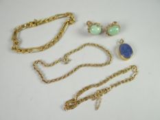 Three 9ct yellow gold chains, 13grams together with a 9ct yellow gold set cabochon earrings and a