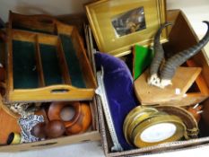 Two boxes of mainly treen items including bookends, bowls, small cutlery tray, shield mounted antler