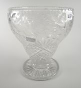 A believed Waterford cut glass bell-shaped vase, the body etched with birds and flowers, 24cms