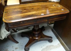 A nineteenth century rosewood foldover card table with baize lined interior Condition reports