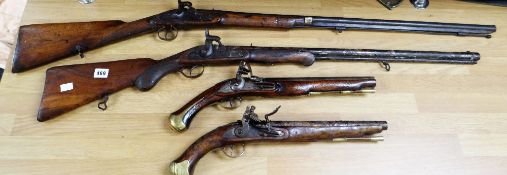 Two antique rifles and two antique pistols, the pistols with Georgian crown proof marks to the