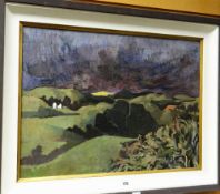BRYN RICHARDS oil on board - landscape with distant cottage, entitled verso 'Gathering Storm,