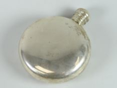 Small silver circular hip flask with screw top, rubbed hallmarks, 3 troy oz approx. Condition