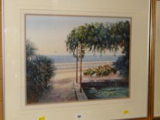 P RICHARDSON watercolour - a view toward the Mediterranean across garden, signed, dated '89, 39 x