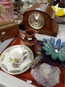 A parcel of mixed items including mantel clock, mother of pearl inlaid rosewood tea caddy, horse