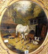 JOHN FREDERICK HERRING JNR oil on canvas, circular format - white horse in a yard with buildings a