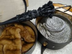 Two vintage ladies hat boxes containing hats, fur stole, decorative feathers together with a