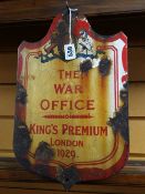 Vintage enamel sign 'The War Office - King's Premium London 1929' Condition reports provided on