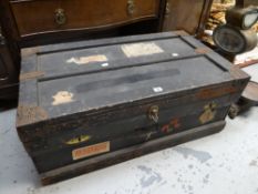 A vintage F P Baker & Co Ltd military trunk in painted wood with metallic lining, bears label to