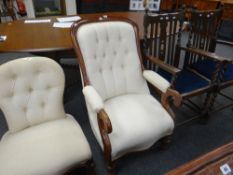 Pair of oak barley-twist open armchairs together with show frame button back fireside chair and
