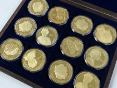 A cased set of twelve Elizabeth II commemorative gold plated medallions Condition reports provided