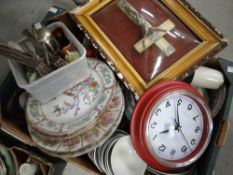 Crate of mixed china, flatware, framed crucifix ETC Condition reports provided on request by email