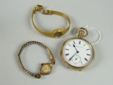 Gents gold plated Prescot pocket watch together with two plated ladies' wristwatches in associated