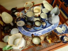 Crate containing a large blue & white platter, lustre jugs, blue & white china ETC Condition reports
