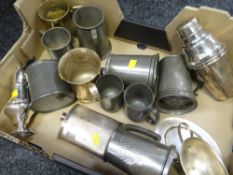 Box of assorted silver plate and pewter to include caster, sauce boat on stand, curved gentleman's