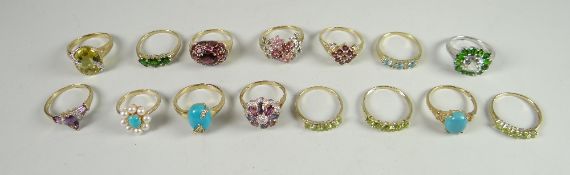 Fifteen modern dress rings, mainly if not all marked 9ct gold and QVC, 50gms Condition reports