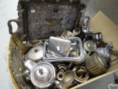 Box of various mainly EPNS including large lidded jug, twin handled tray, entree dishes ETC