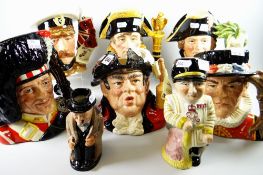Seven Royal Doulton military figure character jugs comprising Lord Kitchner, Captain Bligh, The